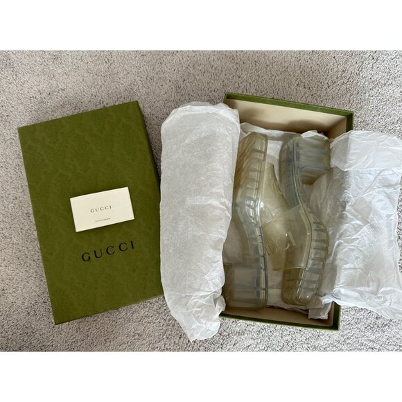 Gucci Size 11 Logo Transparent Clear Chunky Mule Sandals Block Heel Slides - Picture 3 of 16